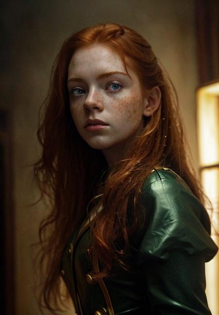 ginger, portrait, masterpiece, military uniform, Big Close-Up, pale skin, straight long hair, big blue eyes, freckles, wet hair, best quality, highly detailed, cinematic film, water drops, rain drops, splash detailed, surreal dramatic lighting shadow, kodak, vignette, high budget, bokeh, cinemascope, moody, epic film grain, grainy, hyper detailed, expressive,  award winning, intricate details, looking at viewer, dynamic pose, atmospheric haze, cinematic film still, highly detailed, high budget, photorealistic, candid camera, color graded cinematic, eye catchlights, atmospheric lighting, natural <lora:ginger_v03:1>