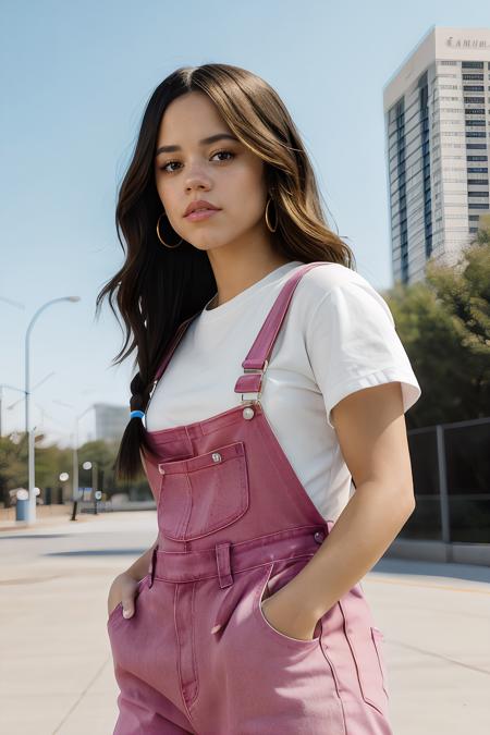 jenna ortega, long ponytail, 
pink overalls, studs, white shirt, sneakers, detailed skin, 
medium shot, upper body, simple solid background, portrait, 
 <lora:Jenna_Ortega_V1:0.8>,  <lora:breastsizeslideroffset:-0.7>