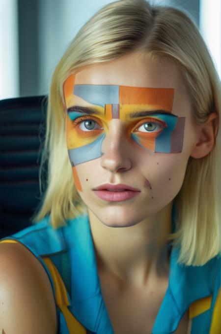 close up portrait photo of an 20 years old european blonde haired woman sitting in office,  style \(artistic makeup by paul klee\) , 8k, uhd, realistic, detailed skin, insane detailed, Illumination daylight, <lora:artisticmakeup_bit_winks_yamer:1>