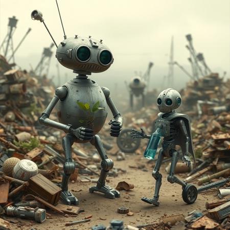 apocalyptic WORL, FULL OF TRASH, MECHANICAL PARTS EVERYWERE, 2 ROBOTS, A BIG ROUNDED TANK ROBOT WITH LONG ARMS AND SHORT LEGS HOLDING A LITTLE PLANT, A LITTLE THIN KNIGHT ROBOT WITH WHEELS HOLDING A BOTTLE WITH BLUE WATER, WALKING, HAPPY