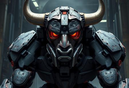 Create a close-up illustration of a robot with a broken, ruined armored core trunk, flexing large muscles, set against a dark factory background of mass production. The image should resemble a bull, with a focus on perfect symmetrical balance and golden ratio proportions. Incorporate elements of dark matter incarnate and thunderstrike, with a cyberpunk aesthetic inspired by the art of Baiōken Eishun and MC Escher. The style should be photorealistic, with extremely fine details and a chiaroscuro lighting effect. The image should be rendered in 8K resolution with a high level of realism, similar to an Unreal Engine illustration. Incorporate the likeness of Tom Selleck, with a focus on intense, dramatic expression.