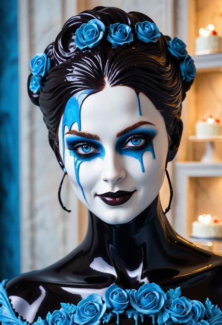 dark black marble sculpture, shape of a woman, covered with cake, detailed realistic blue eyes, murderous intent, scar on forehead, creepy smile, detailed white face, museum background, vibrant background, multi layered, diagonal view, back light, ultra sharp focus, high speed shot, vibrant color, high quality, highly detailed full body shot