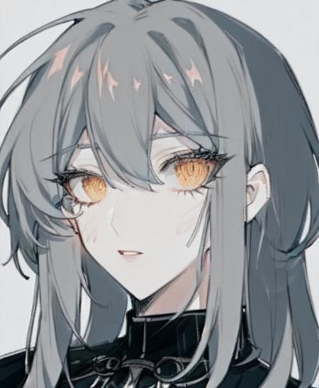 <lora:inuyama_muneto-style-v1:0.85>, 1girl, grey hair, orange eyes, spiral eyes, ringed eyes, chains, prison clothes