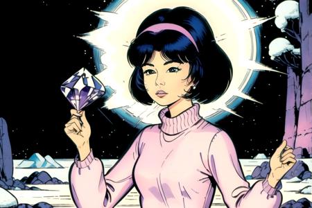 Yoko Tsuno, opening a jewel bow with a super bright amethyst crystal, short black hair, red hairband, pink and light purple sweater, pink and white winter cap, 1girl, solo, alone, ultra high res, ultra detailed, masterpiece, crystal clear, sharp focus, traditional media, 1990s \(style\), science fiction, retro artstyle, <lora:yoko_tsuno-10:0.9>