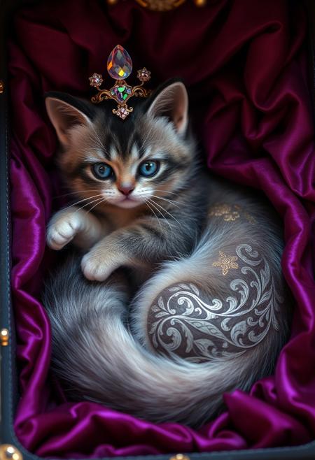 "In a velvet-draped, gemstone-encrusted box, a windup toy kitten lay coiled, its fur a tapestry of twilight hues: amethyst, rose, and smoke. Intricate, swirling patterns danced across its body, etched in silver and gold, like the whims of a mad calligrapher. A delicate, crystal-encrusted crown perched atop its head, casting a kaleidoscope of colors across the surrounding shadows. As the key was turned, the kitten's sapphire eyes would flash, and it would unfurl, its mechanical limbs unfolding like a lotus, releasing a whispered serenade of tinkling chimes and silken music." highest-Quality, intricate details, visually stunning, Masterpiece