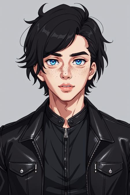 Xander Ellis,  1boy,  male focus,  solo,  looking at viewer,  short hair,  blue eyes,  black hair,  jacket,  upper body,  lips,  black jacket,  freckles,  realistic,  leather jacket, <lora:EMS-45587-EMS:0.400000>