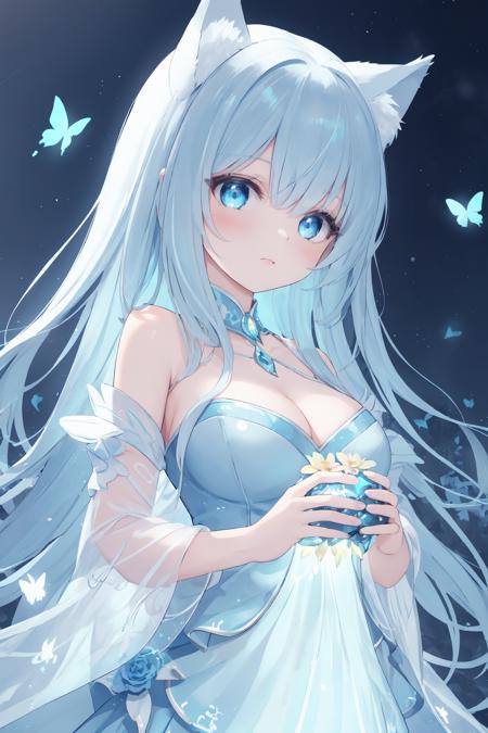 Masterpiece, best quality, ultra detailed, extremely detailed, sharp focus, 1 Wolf girl, glowing blue hair, blue eyes, a glowing light blue goddess flower dress, glowing flowers, glowing butterflies, magic, magic in her hands, shiny, glitter, outside, night, magic lights, magic flowing around her,