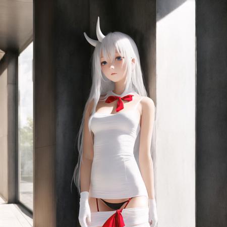 <lora:brutalism:1.0>, (brutalism:1.0),  1girl, black panties, dress, horns, long hair, looking at viewer, mittens, panties, red eyes, side-tie panties, solo, underwear, white dress, white hair, white skin