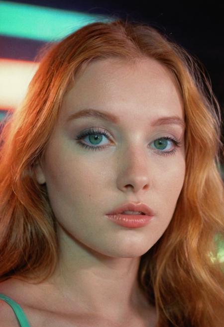 analog film photo ((EuroBabe, 80sPortrait)), ginger, green eyes, makeup, neon lights, (film grain:1.5) . faded film, desaturated, 35mm photo, grainy, vignette, vintage, Kodachrome, Lomography, stained, highly detailed, found footage