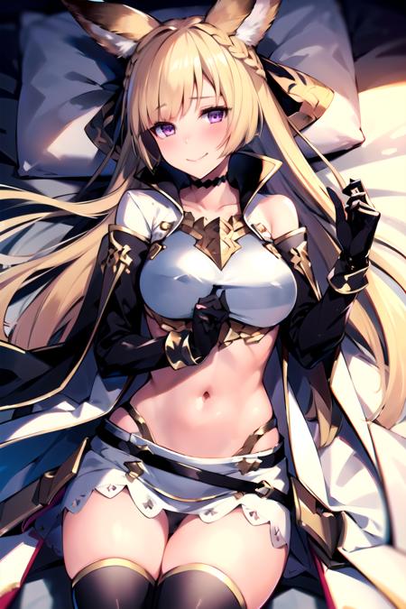 (best quality)++,(masterpiece)++, (ultra detailed)++, highres, dynamic angle, (bloom:1.25), beautiful detailed eyes,
(bedroom),
gbfyuisis, 1girl, shiny blonde hair, (long hair:1.05), braid, (half up half down:1.15), blunt bangs, (blonde fox ears:1.05), (erune:1.15), (purple eyes:1.10),
(black ribbon:1.25), (big black hair ribbon with gold rim:1.25), black choker, (white very short dress:1.25), (white clothes:1.10), armor, breastplate, bare shoulders, (covered navel:1.15), open back, strapless, (very short skirt:1.25), black gloves, black belts, black kneehighs, zettai ryouiki, (black panties:1.25), boots,
(medium breasts:1.05), (blush:1.05), (temptation:1.10), lewd, seductive smile, embarrassed, looking at viewer,
(lying on bed, (piece sign:1.25)),
<lora:lora_yuisisv4_loha:0.75>