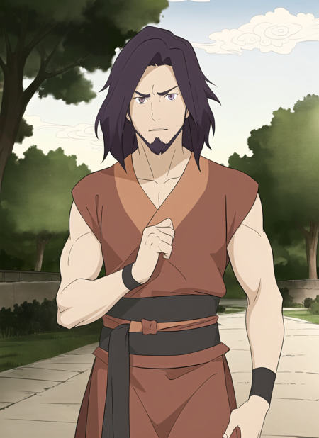 avatar wan <lora:avatar_wan_offset:1>, masterpiece, best quality, 1boy, solo, male focus, facial hair, tree, outdoors, sash, japanese clothes, black hair, purple hair, looking at viewer, colored skin, muscular, parody