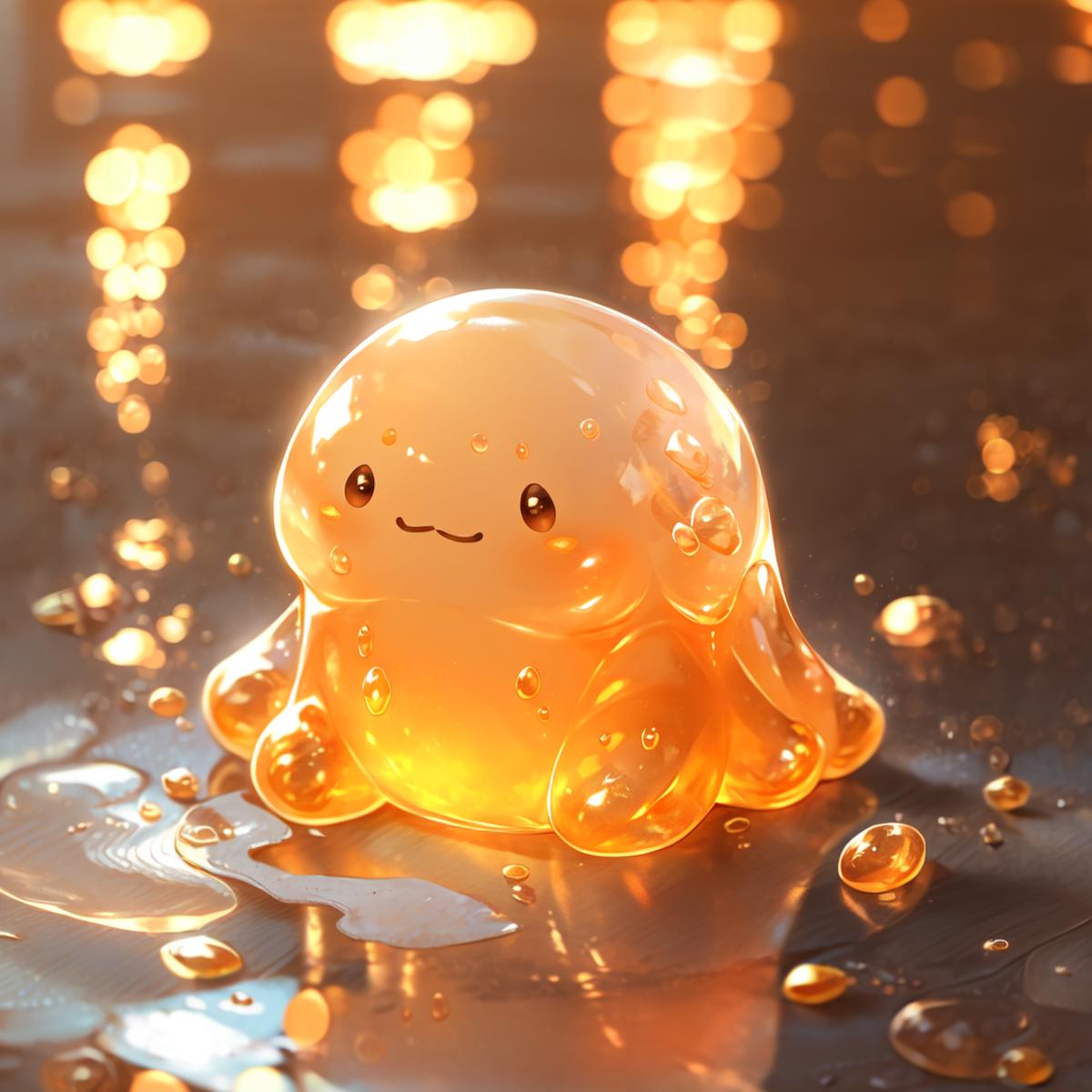 A cute, smiling, yellow, and orange cartoon character with a sad face, possibly a jellyfish or a blob of goo, sits on a wet surface with yellow droplets surrounding it.