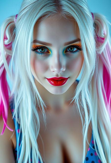 a gorgeous 20 years old caucasian woman, very pale skin, platinum blond very long hair in unkempt very long pigtails on her each head's sides in different color of cyan and pink, long red eyelashes on her left eye and long blue eyelashes on her right eye, blue mascara on her right eye and red mascara on her left eye, purple eyeliner define her big beautiful amber eyes, green glittering eyeshadow on her right eyelid and orange glittering eyeshadow on her left eyelid, luscious sensual red glossy lips with pink highlights, rouge, sexy curves, big breasts, sexy feminine latex dress with cleavage in cyan-pink pattern, looking at viewer naughty and playfully, seductive smirk