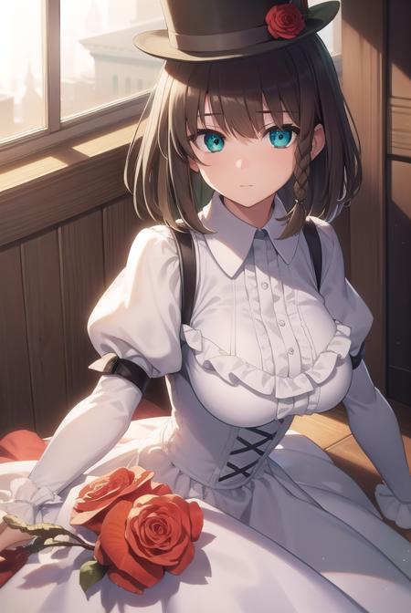 charlottecorday, <lyco:charlottecorday-lyco-nochekaiser:1>,
charlotte corday, braid, brown hair, (green eyes:1.5), short hair, side braid, (large breast:1.2),
BREAK hat, hat flower, juliet sleeves, long sleeves, puffy sleeves, (white dress:1.5), frills, top hat, black top hat,
BREAK looking at viewer,
BREAK indoors,
BREAK <lyco:GoodHands-beta2:1>, (masterpiece:1.2), best quality, high resolution, unity 8k wallpaper, (illustration:0.8), (beautiful detailed eyes:1.6), extremely detailed face, perfect lighting, extremely detailed CG, (perfect hands, perfect anatomy),