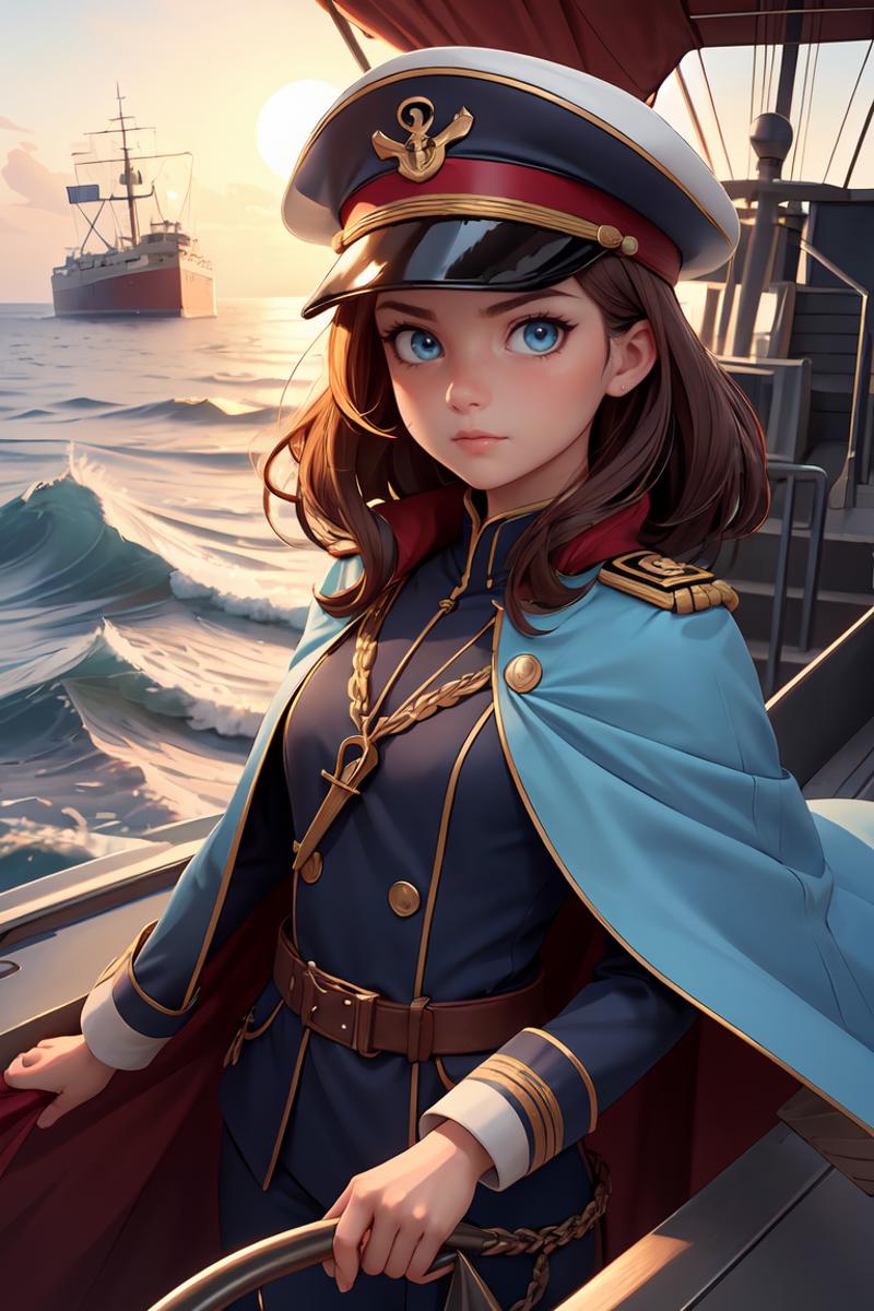 A cartoon female character wearing a blue dress and a naval hat, standing next to a boat.