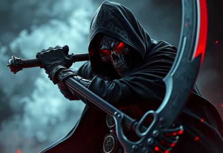 Cyborg Grim Reaper in black cloak swinging scythe. Chronomaly Crystal Skull face, intense red glowing eyes. Dynamic pose, dramatic ominous lighting, dark fantasy. Cinematic, Octane Render, Unreal Engine 5 pro, trending on Artstation, CGSociety. High-res 4K, super detailed, impeccable composition, Golden Ratio, Splash Ink illustration, matte painting, sharp focus.