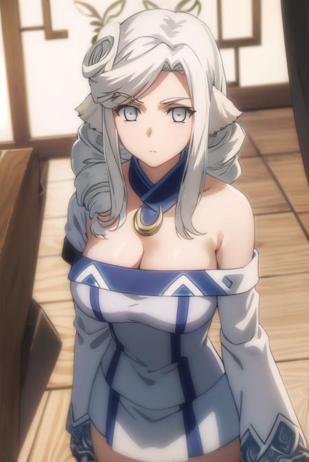 munechika, long hair, animal ears, white hair, (grey eyes:1.5), drill hair, sidelocks, cleavage, dress, crescent,