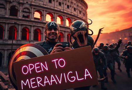 Marvel icons, Captain America and Venom, are caught in a surreal, high-energy selfie in front of the ancient Colosseum, with an unsettling atmosphere creeping into the scene. Captain America, his shield glowing faintly under the dimming light of a blood-red sunset, holds a vintage Kodak MC3 camera, trying to capture the eerie moment. Venom, grinning with malevolent glee, strikes a wild pose, his tendrils snaking around Cap’s shoulders, almost squeezing too tight in a way that blurs the line between playfulness and menace. Behind them, the towering Sion army approaches, their glowing red eyes piercing through the shadows of their insect-like helmets.
The Colosseum looms ominously in the background, its ancient arches casting dark, twisted shadows as if the structure itself is alive. The iconic ruins feel warped, with cracks pulsing as though ready to split open. In the foreground, a neon cardboard sign reads ‘OPEN TO MERAVIGLIA,’ but the letters flicker erratically, with some symbols morphing into eerie, cryptic shapes. Holographic effects ripple unnervingly, and the air around them is thick with swirling dust and mist, giving the scene an otherworldly, haunted feel. The contrast between the decaying landmark, superheroes, and the approaching army creates a chilling snapshot of a reality slipping into chaos