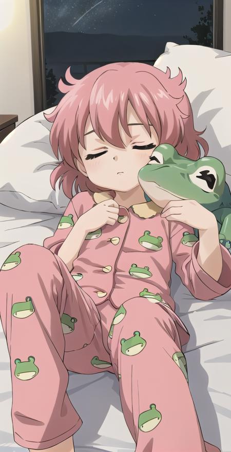 AK, 1girl, solo, looking at viewer, flat chest, messy hair, frog pattern pajamas, laying side on bed, sleeping, night, eyes closed, eyes closed shut, perfect quality, fine detail, good quality, masterpiece, HDR, UHD <lora:Anita King:0.8>