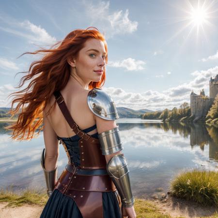 Raw photo of a red-haired woman, (hair blowing in the wind), wavy shoulder-length hair, (wearing a leather bodice with a single-sided shoulder armor made of leather:1.2), big eyes, light blue eyes, big eyelashes, square face, (snub nose:1.2), smiling with closed lips, (full lips:1.3), freckles, (sun rays in a blue sky, medieval castle with a lake in the background:1.3), (hyper realistic:1.2), (high detailed skin:1.2), 8k uhd, dslr, high quality, film grain, Fujifilm XT3,  epiCRealism