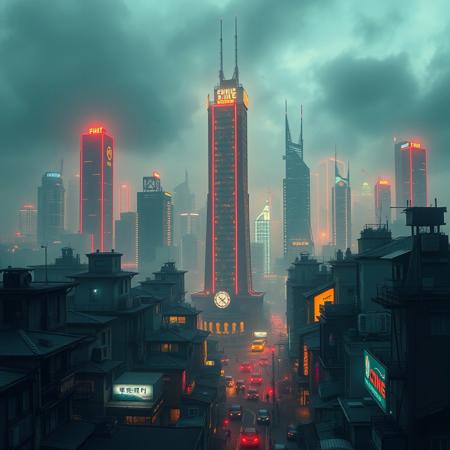 make cyberpunk future setting with skyscraper chine text of a town