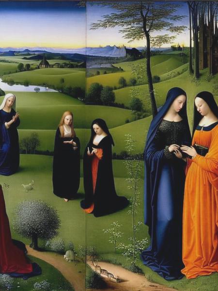 <lyco:JanVanEyck:1.0> dark spring, sunrise, black satin, early renaissance paintings, Rogier van der Weyden paintings style