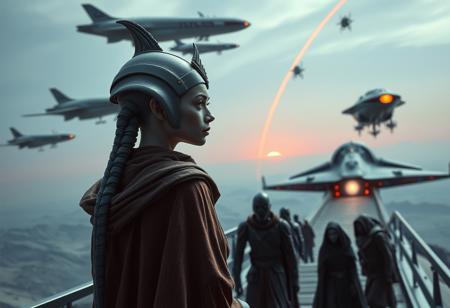 At the ramp to the alien royal space shuttle, a beautiful alien princess (shown in close-up) looks back for one last look at her home planet, which she leaves for good. The princess's gaze is sad. The princess's robe has a marching character and symbols of her belonging to the ruling dynasty. The expression of anxiety on the faces of several courtiers accompanying the princess. Several cigar-shaped spaceships shine in the sky above, on which the survivors of the attack on their home planet of the enemy xenomorphic race left the planet. On the horizon in the distance you can see a red streak of fire glow and several flashes against the background of the glow.