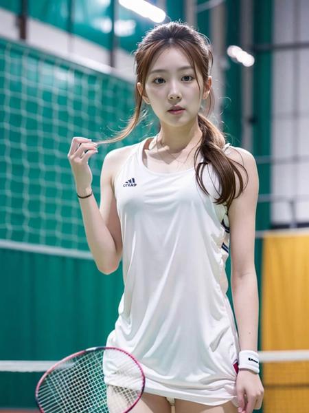 <lora:wangxiaoyu:0.85>,  (photorealistic:1.3, realistic), (see through, Badminton sportswear, small breast), (1girl, solo),  21-years-old chinese girl, pureerosface_v1, indoor, simple badminton court background, protrait, highres, best quality, lighting, standing on court, black eyes, long hair, (looking at viewer), blurry background