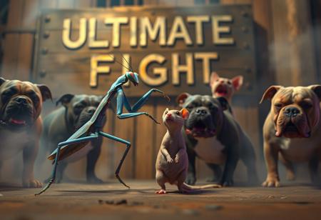 “A hyper-realistic scene of a pale blue mantis dancing gracefully with a greenish mouse, surrounded by four pitbulls barking hysterically, their expressions intense and exaggerated. The setting is captured with optics broadcast cinema anamorphic lenses, adding subtle lens flares and a slight edge blur for a filmic effect. Studio lighting highlights the intricate textures on the mantis’s limbs, the mouse’s soft fur, and the muscular build of the pitbulls, creating a surreal yet lifelike atmosphere. In the slightly blurred background, a rotten wooden sign reads ‘Ultimate Fight’ in faded letters, adding a gritty, underground feel to the scene. Neon hues and fog soften the surroundings, amplifying the eerie, dreamlike ambiance.”