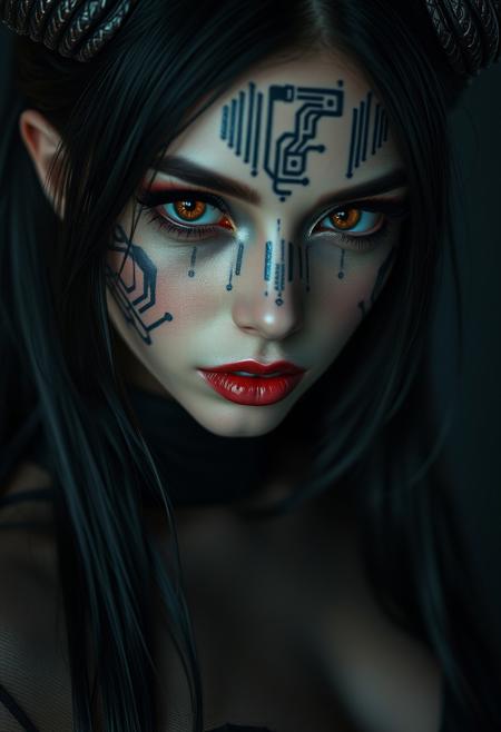 Super face Closeup Portrait,(cyberpunk face augmentation:1.45), (black color circuit board tattoos:1.5 on face), 1girl, beautiful face, epic skin detailes,  sheer black dress,  ,black long hair, red eyes, big horns, big breasts, (style Katy  Grannan:1.35) , Satin texture, (Glitchy:1.5) (Foggy:1.35), (Harsh lighting:1.4)