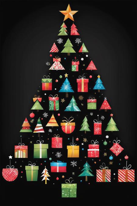 create a visually striking image of a (christmas tree) made of different geometric shapes like square,  circle,  triangle etc,  black background,  extremely high detailed,  superior high quality