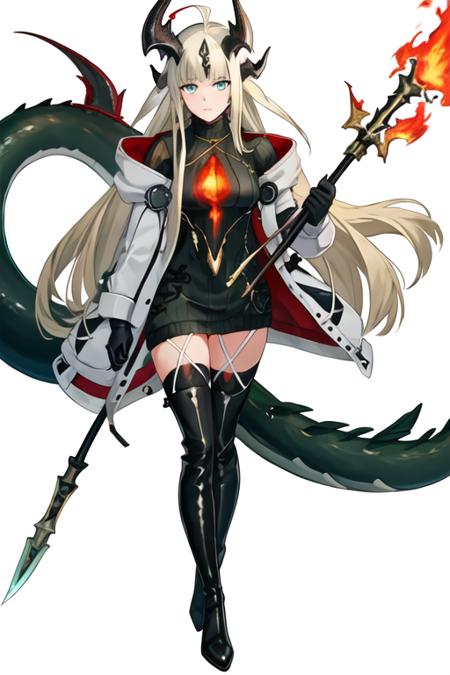 best quality, masterpiece, highres, solo, {reed_arknights:1.15}, horns, long_hair, dragon_horns, ahoge, bangs, blonde_hair, upper_body, blue_eyes, tail, breasts, white_hair, green_eyes, 1girl, black_gloves, dragon_tail, gloves, holding, holding_polearm, holding_weapon, jacket, polearm, spear, sweater, thighhighs, weapon, white_jacket, black_sweater, looking_at_viewer, boots, open_clothes, black_footwear, ribbed_sweater, thigh_boots, long_sleeves, open_jacket, full_body, jewelry, black_thighhighs, fire, simple_background