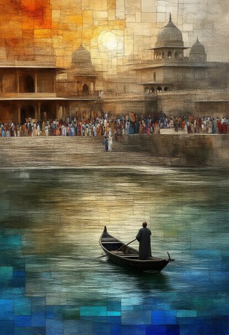 Envision a bustling Varanasi ghat at dawn, India, rendered as a Cubist stained-glass panorama. Pilgrims perform their morning rituals against a backdrop of ancient architecture, their forms fragmented into a mosaic of geometric shapes. A lone boatman guides his vessel through the sacred waters. The color palette utilizes deep ochre, indigo, saffron, and slate gray, creating a visually arresting contrast. Blend photorealistic details â the texture of the stone, the reflections in the water, the details of traditional clothing â with the geometric abstraction of Cubism. The overall composition should convey a sense of spiritual reverence, timeless tradition, and the profound beauty of India, deeply immersed in a dramatic interplay of light and shadow. --ar 1:1 --style meditative --v 5