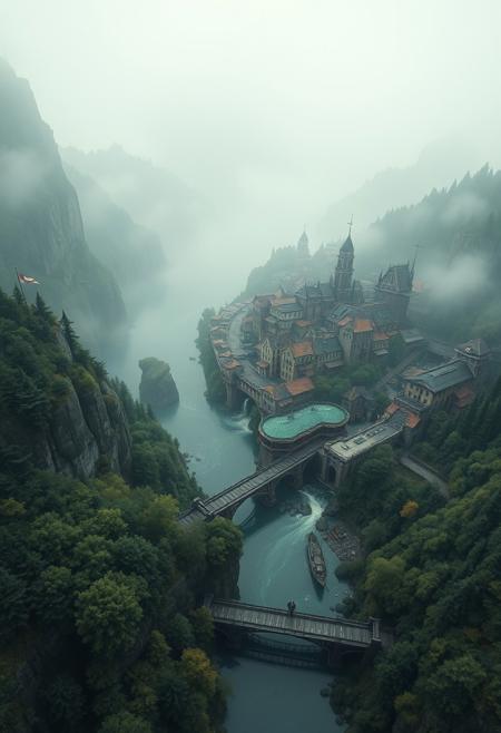 view from above, (accurate architecture, 3 point perspective) (masterpiece hyperrealisitic, medium format camera shot, fantasy concept art 8k, high quality, detailing, textures)  Imagine a spooky foggy, perfect fantasy metropolis,  by the river and a part of a large fantasy hyperrealisitic bustling port town city nestled between a verdant, ancient forest, encircled by cliffs and city bridges across the river used for logging, taking it to the perfect pirate ships and the crashing waves of the vast, unexplored ocean.