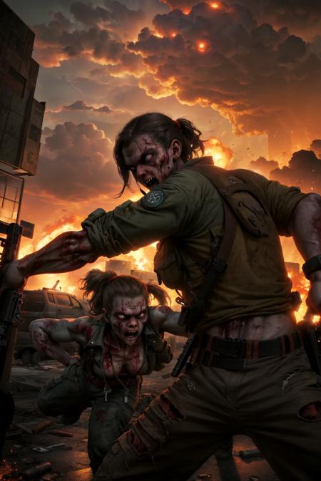 girl with gun fighting, zombie hoard attack ,Sarasota, perfect sunset in background, dramatic clouds, thunder storm,  ((zombie)) zombie attacking people, action movie scene <lora:SheDead-000004:0.5> zombie attack, perfect sunset, saint Armand circle, people, fire, explosions ,zombies, resident evil, GTA 5,