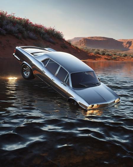 a car is floating in the Stainless Steel, Dirk Crabeth, david rudnick, concept art, hyperrealism<lora:Car_Dream:1>