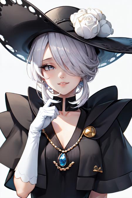 cogita, smile, white background, black hat, simple background, white gloves, upper body, parted lips, grey eyes, choker, 1girl, hand up, black dress, hat flower,   solo, eyelashes, looking at viewer,hair over eyes, <lora:cogita_pokemon:1>