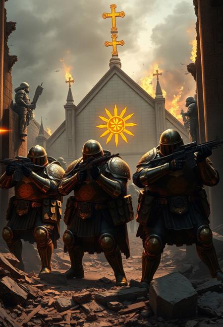 In the midst of a war-torn city, a squad of armored warriors stands firm, defending the Church of the Blazing Sun. Their armor, a blend of medieval craftsmanship and modern combat gear, shines with golden sun motifs, reflecting the divine light from the radiant church behind them. The warriors, armed with powerful rifles and machine guns, brace for the next wave of attackers.
Crouched behind crumbling walls and debris, they keep their guns trained on the advancing enemy forces. Some take position at the church’s shattered columns, machine guns resting on makeshift barricades. Their weapons, marked with the sun's insignia, emit bursts of gunfire as they fire with precision, keeping the enemy at bay.
The church looms large in the background, its blazing sun symbol glowing fiercely amidst the smoke and destruction. Flames flicker in the distance, casting long shadows over the warriors as they stand united, their devotion unwavering. With disciplined movements and sharp coordination, they prepare to defend the sacred ground from being overtaken.
As the battle rages, the warriors' rifles echo through the broken streets, a symbol of their enduring resolve to protect the Church of the Blazing Sun against the chaos surrounding them.