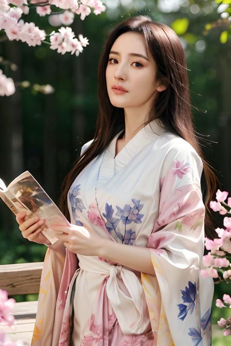 ,yangmi woman, long hair, photo-realistic, masterpiece,high res, masterpiece, unity 8k wallpaper, Light brown hair, pink eyes, pink and white color, sakura leafs background, vivid colors, smooth gradients, no blur, sharp focus, photorealistic, unreal engine 5 rendered in octane, light, distance from viewer, by Makoto Shinkai on Artstation, high quality print, fine art with subtle redshift rendering<lora:yangmi_mj2e4_4-000018:0.6>    <lora:epi_noiseoffset2 (1):0.6> <lora:more_details (1):0.6>