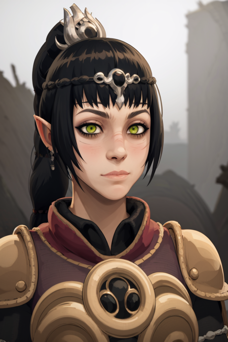 masterpiece, best quality, 1girl, shadowheart, black hair, braided ponytail, green eyes, circlet, closeup, looking at viewer, simple background <lora:ShadowHeart:1> <lora:WakfuStyle:1>