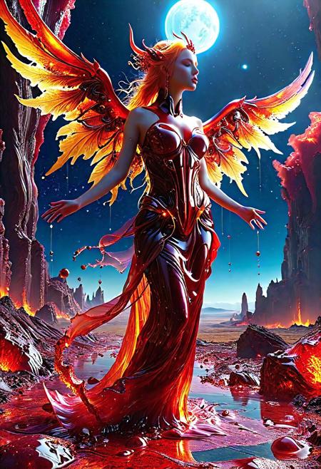 Imagine a being once adorned in resplendent wings of glittering gold, its fiery hair cascading down its back like a river of molten lava. A face carved from the purest marble, eyes as deep and endless as the Void itself, mouth curved into a permanent expression of sorrow.
But now, their ethereal form has been cast down from the heights of Heaven to roam the desolate plains of Earth, their once majestic garments reduced to tattered rags, stained with the blood of countless fallen sinners.
3d-rendering, concept-art, digital, dreaminess, futuristic, multimedia, virtual-reality, 
eeriness, fantasy, other-worldliness, science-fiction, surreal, colorful, sci-fi, technological, alien worlds, space themes, advanced civilizations, 
intricate details, highly detailed, ultra-detailed, absurdres, unreal engine, octane rendering, high contrast, vivid, vibrant, volumetric lighting, sharp focus, 
Blood for the Blood God, blood,