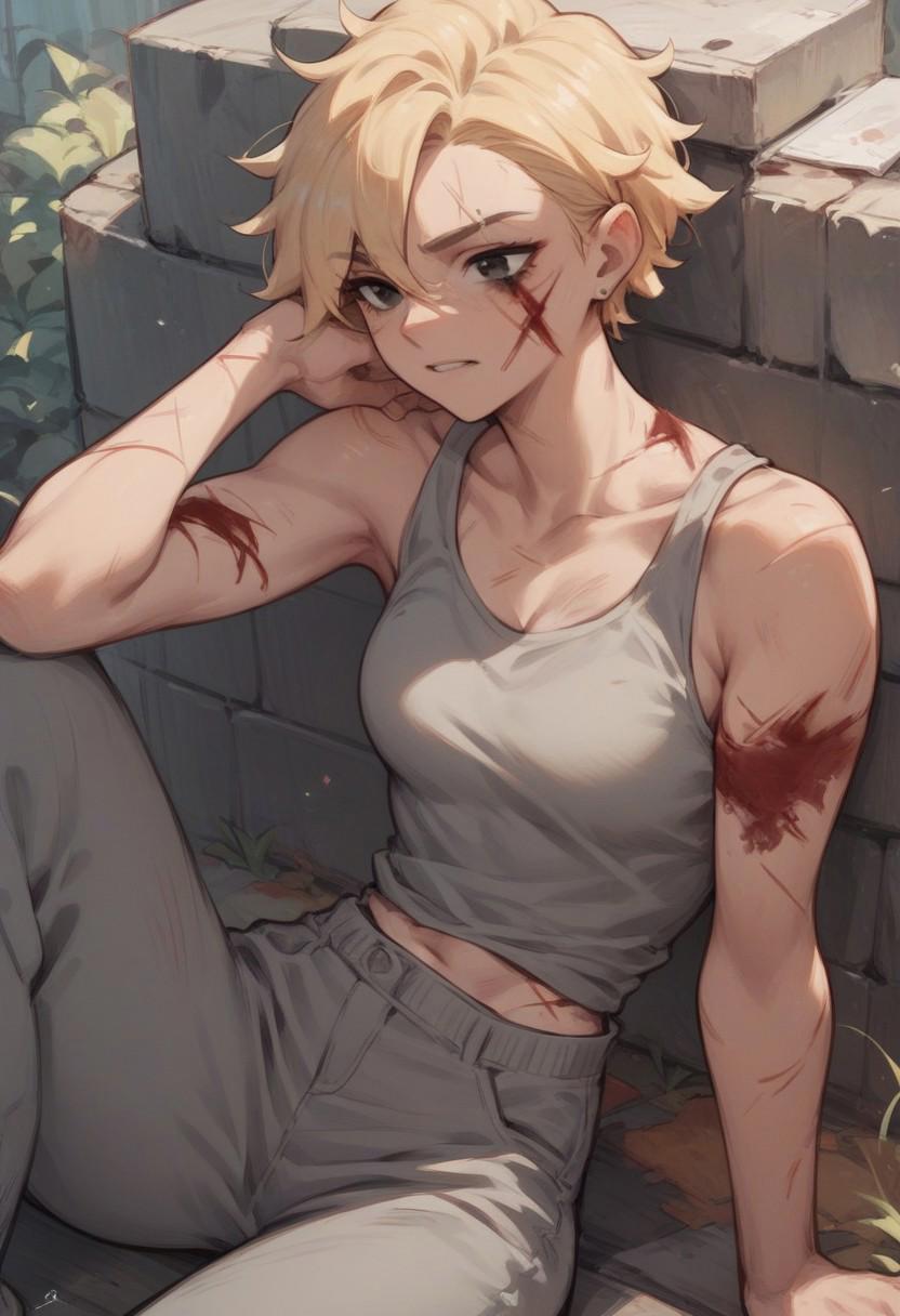 Score_up_9, score_up_8, score_up_7, 1girl, burn scars, facial scar, blonde hair, black eyes, gray tank top, gray pants