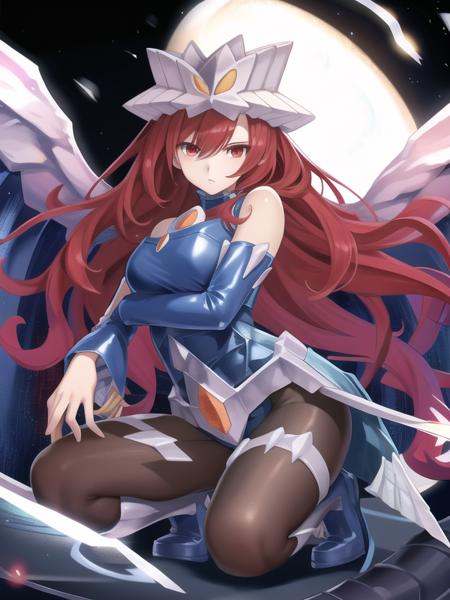 Nekroz_of_Gungnir,red hair,red eyes,blue dress,pantyhose,thigh boots,Tail