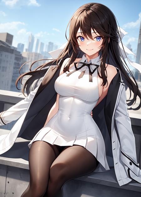 shin jia, 1girl, solo, long hair, smile, bangs, blue eyes, brown hair, black hair, dress, bow, ribbon, hair between eyes, sitting, closed mouth, jacket, hair bow, pantyhose, sidelocks, outdoors, sleeveless, day, white dress, coat, black pantyhose, sideboob, covered navel, neck ribbon, floating hair, sleeveless dress, short dress, white jacket, white bow, building, white ribbon, jacket on shoulders, taut clothes, coat on shoulders, impossible dress
 <lora:shinjia_divinelegance-000007:0.65>