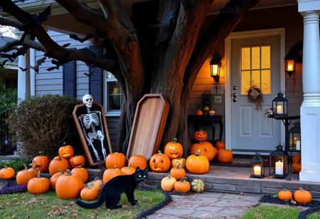 On Halloween, a front yard is transformed into a spooky wonderland. A large, gnarled tree stands in the middle, with fake bats hanging from its branches. There's a wooden coffin propped open near the tree, and a skeleton lies inside it. Pumpkins of all sizes are scattered around, their carved faces grinning wickedly. A black cat made of felt is crouched on the porch railing. There are also some old - fashioned lanterns with a dim, yellowish light, and some jars filled with fake eyeballs and bugs on a small table beside the door.