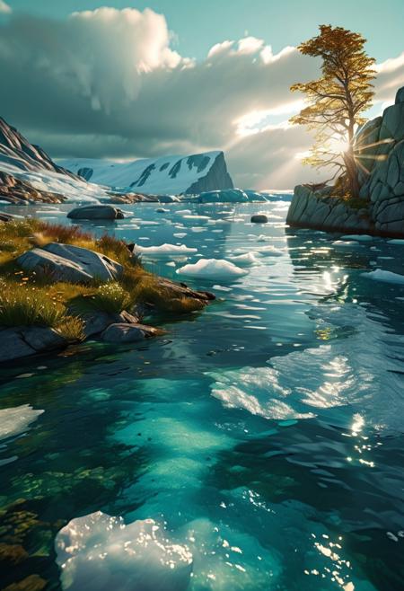 (ultra high res:1.4), (masterpiece), (beautiful lighting:1.4) , greenland greenery,  greenland river, icy water water, forest, Greenlandic homes and cabins,  sunlight illuminates the icy water, (deep underwater), anime, above water, (clear underwater), beautiful sky with clouds,  depth