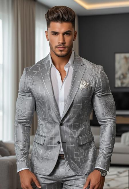 a strong 22-year-old brazillian hunk bodybuilder male, with a fringe up undercut hairstyle, detailed face, mindless expression,  wearing a gray suit with silver patterns, wearing pants,  on a modern living room, standing at attention pose, looking at viewer, portrait, photography, detailed skin, realistic, photo-realistic, 8k, highly detailed, full length frame, High detail RAW color art, diffused soft lighting, shallow depth of field, sharp focus, hyperrealism, cinematic lighting