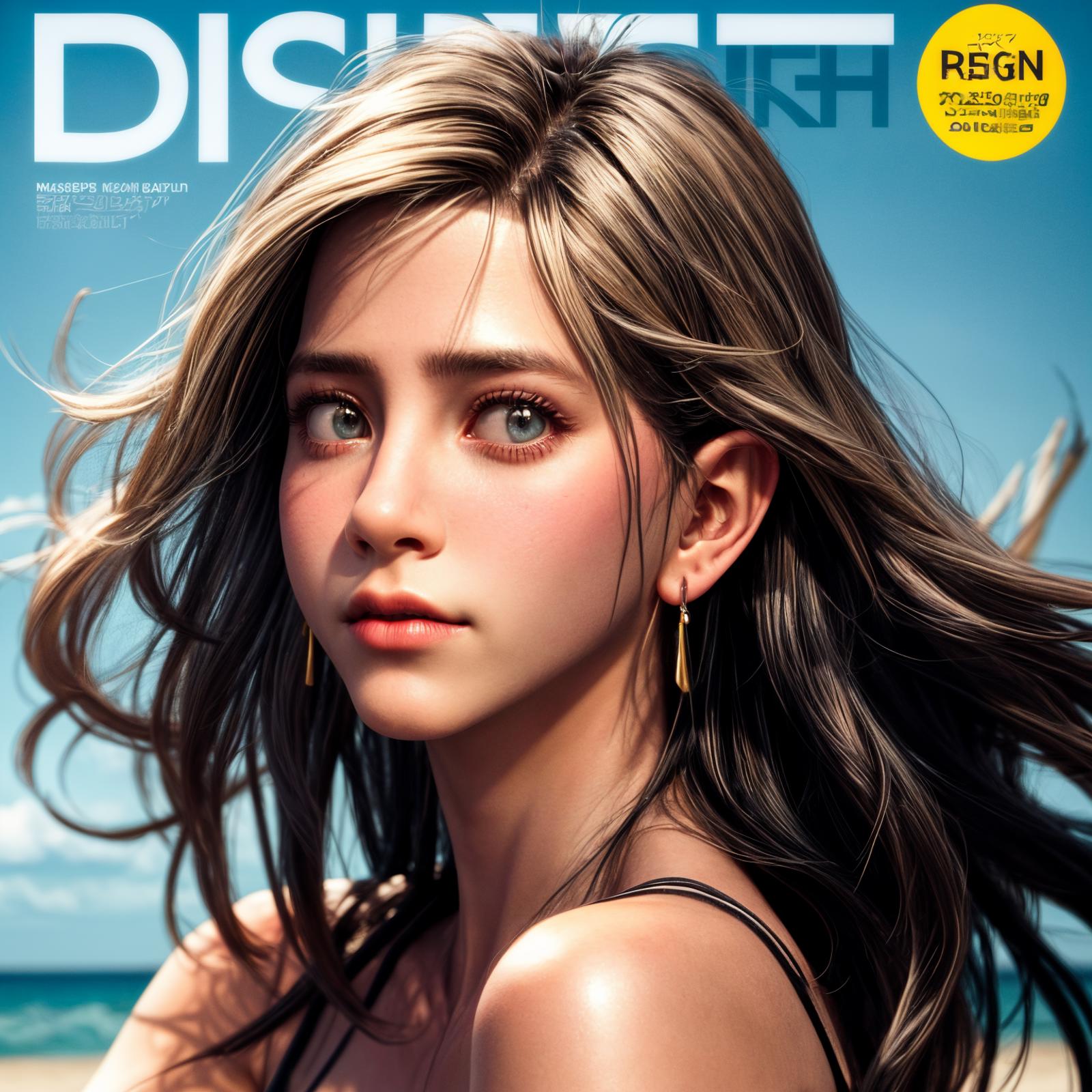 Blonde woman with blue eyes and nose on a magazine cover.