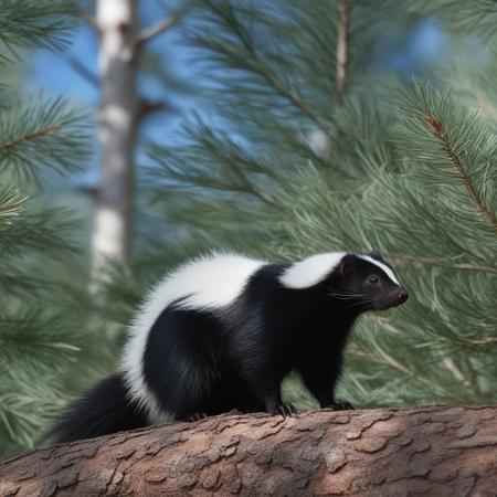 very realistic close-up photography of a skunk in the forest, background of forest of pine, fir, white spruce and white birch, maple and aspen, blue sky with cirrus and slightly hidden sun