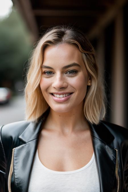 Realistic photo of a beautiful m4rg0tr-v2 woman, 1girl, solo, long hair, looking at viewer, smile, blonde hair, shirt, jacket, upper body, open clothes, teeth, grin, open jacket, lips, black jacket, grey eyes, realistic, soft lighting, professional Photography, Photorealistic, detailed, RAW, analog, sharp focus, 8k, HD, DSLR, high quality, Fujifilm XT3, film grain, award winning, masterpiece<lora:m4rg0tr-v2:1.0>
